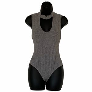 Gray Ribbed Key Hole Bodysuit
